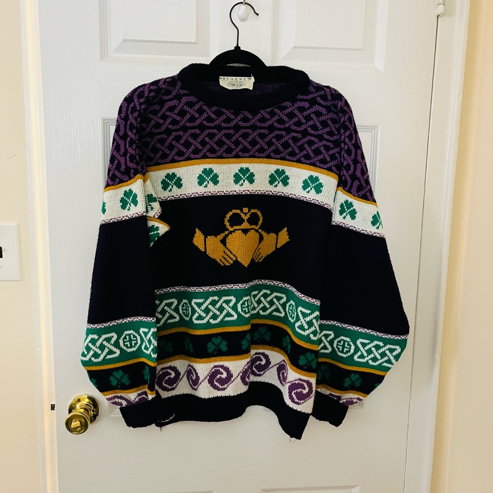 BLARNEY WOOLEN MILLS Claddagh Sweater L Irish St Patrick Day Celtic Crown Heart